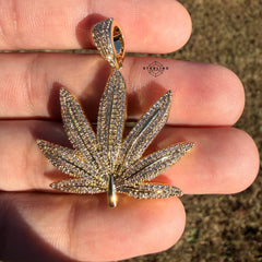 420 Iced Leaf Pendant 14k Gold Plated + Steel Rope Chain