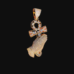 14K Gold Iced Out Praying Hands Ankh Pendant | CZ Diamond Hip Hop Religious Necklace with Free Chain
