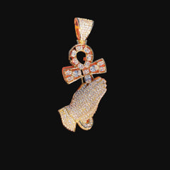 14K Gold Iced Out Praying Hands Ankh Pendant | CZ Diamond Hip Hop Religious Necklace with Free Chain