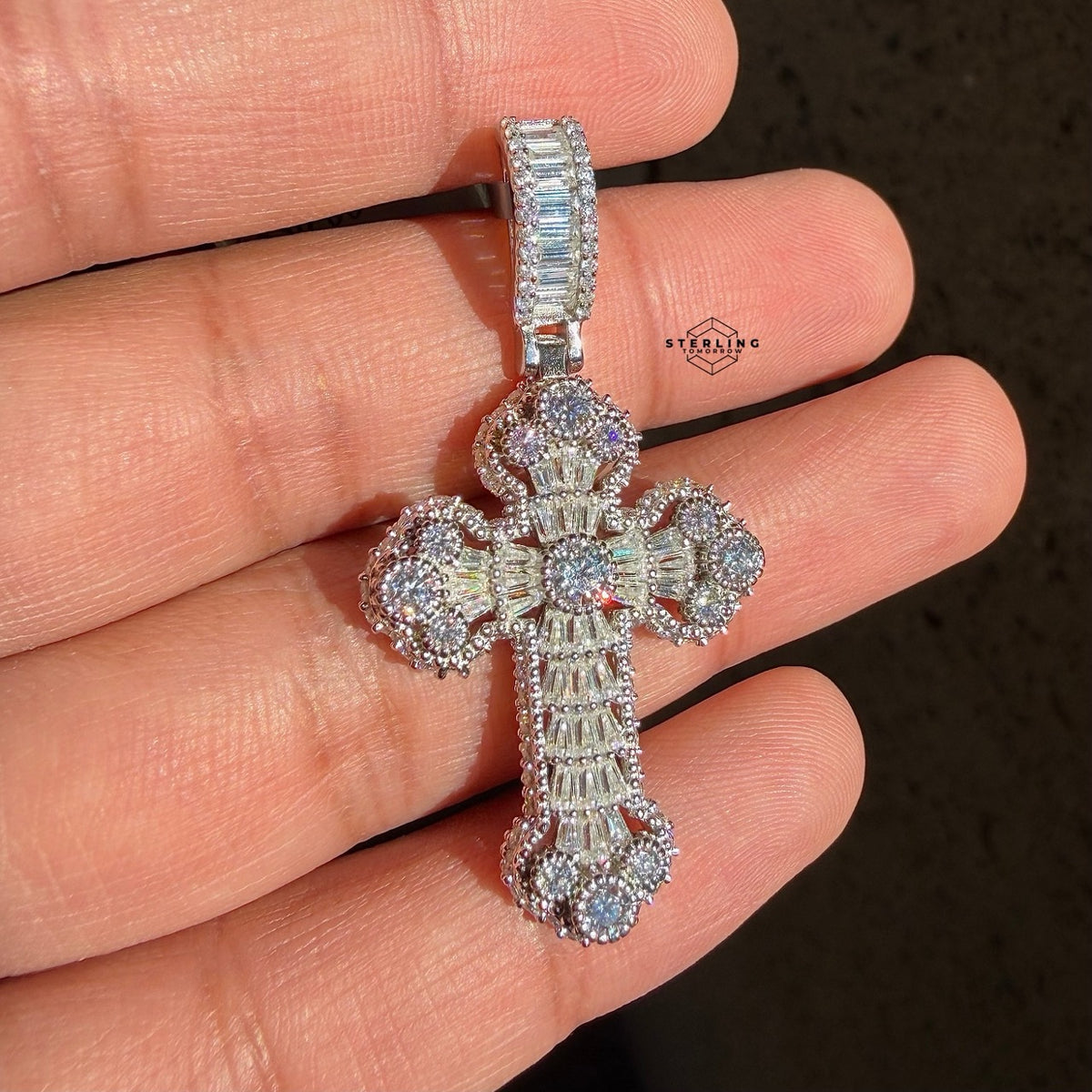 Moissanite Baguette Solitaire Cross Pendant + Rope Chain