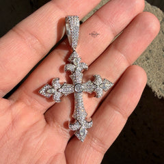 Moissanite VVS Fleur Cross Pendant 925 Silver Iced Out Free Steel Rope Chain