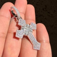 Moissanite Cross Pendant 925 Sterling Silver, Iced Out Baguette Cross Necklace, Hip Hop Jewelry Gift for Men w Rope Chain