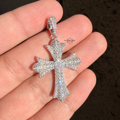 Moissanite Iced Out Chrome Cross Pendant 925 Sterling Silver, Passes Diamond Tester, GRA Certified, Gothic Cross Necklace, Free Steel Rope Chain