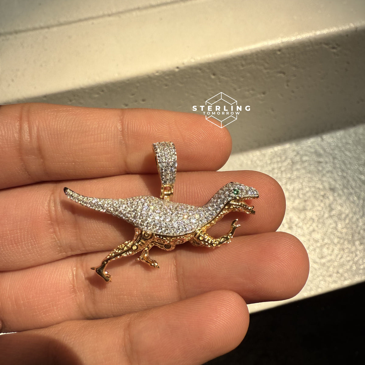 Dinosaur with Green Eyes CZ Pendant