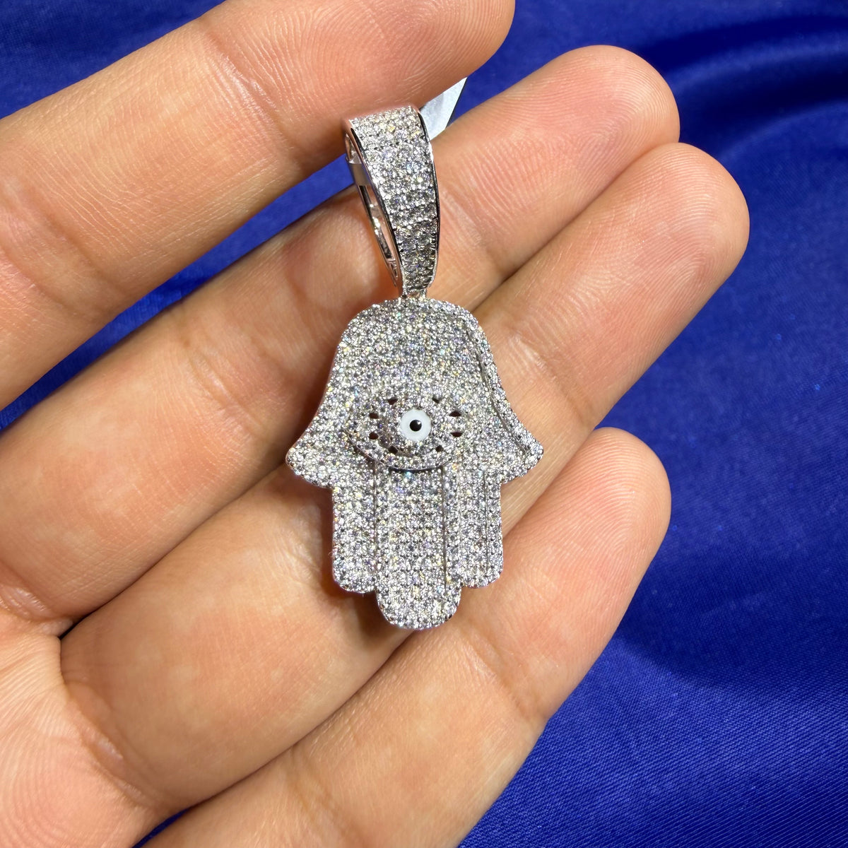 Moissanite Hamsa Hand Fatima Iced Pendant + Steel Rope Chain