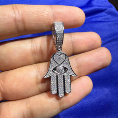 Moissanite Hamsa Hand Heart Iced Pendant + Steel Rope Chain
