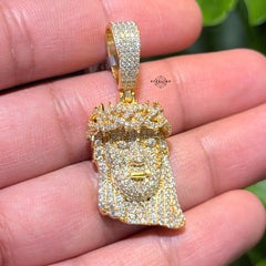 Moissanite Small Jesus Head Gold Tone + Steel Rope Chain