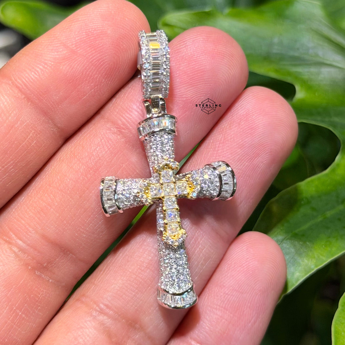 Moissanite Gothic Dual Cross Pendant - Yellow Two Tone