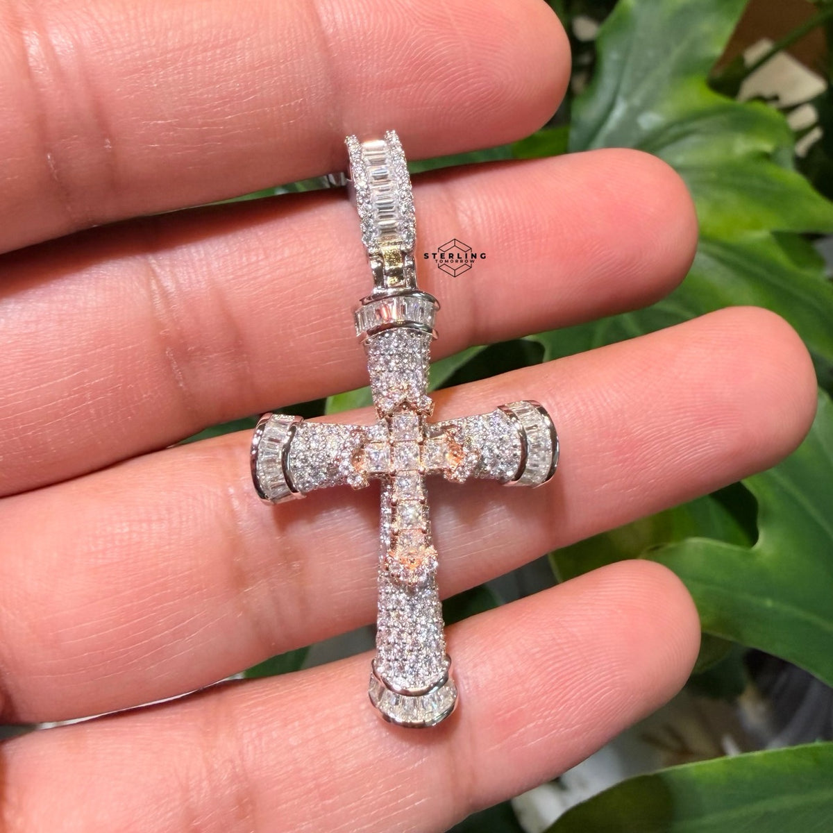 Moissanite Gothic Dual Cross Pendant - Rose Two Tone