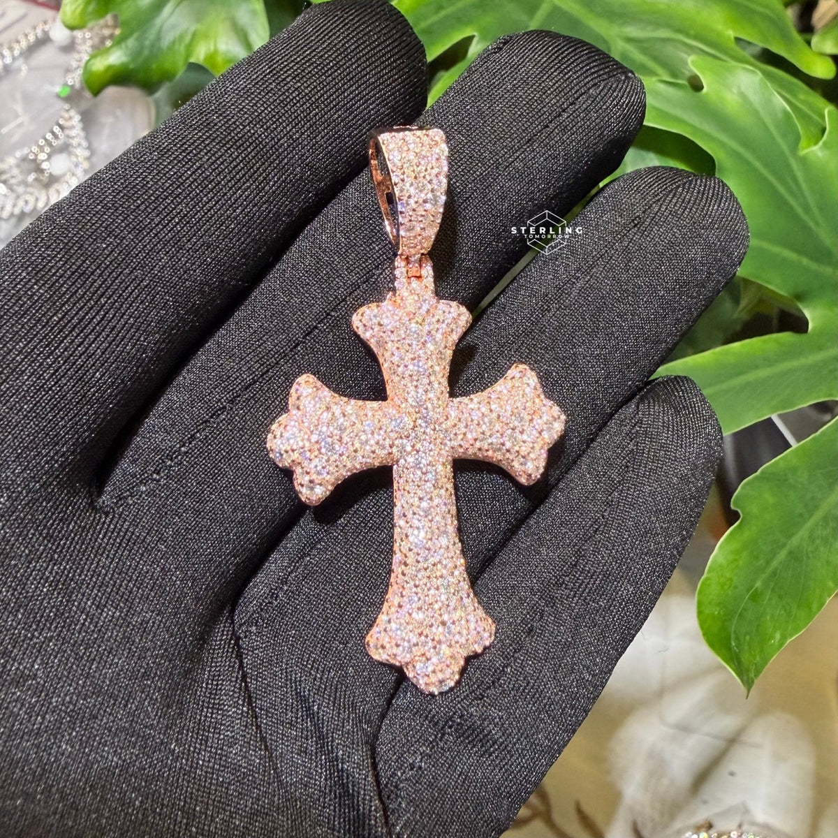 Moissanite Rose Mosaic Set Cross Pendant