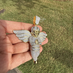 Big Iced Out Angel Pendant | 14K Gold Plated Guardian Angel Necklace, Catholic Religious CZ Pendant with Free Rope Chain