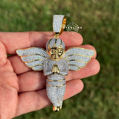 Big Iced Out Angel Pendant | 14K Gold Plated Guardian Angel Necklace, Catholic Religious CZ Pendant with Free Rope Chain