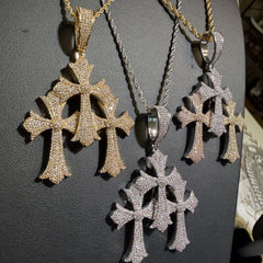 Triple Heart Cross Pendant 14k Gold Plated CZ