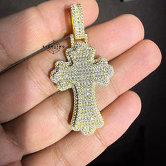 Moissanite Gothic Flared Cross 2" Pendant - Gold Tone