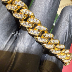 Gold over Silver 9mm 9" Cuban Bracelet - Solid 925 Sterling Silver CZ