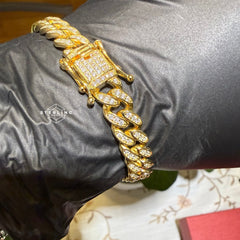 Gold over Silver 9mm 9" Cuban Bracelet - Solid 925 Sterling Silver CZ