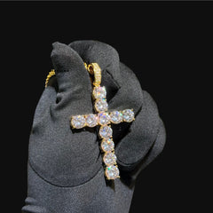 Large Iced Out Tennis Cross - 14k Gold Plated CZ