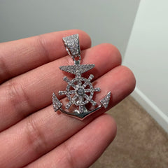 Iced Out Anchor Ship Wheel Pendant, Solid 925 Sterling Silver VVS CZ Diamond Nautical Necklace, 22 Inch Rope Chain