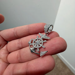 Iced Out Anchor Ship Wheel Pendant, Solid 925 Sterling Silver VVS CZ Diamond Nautical Necklace, 22 Inch Rope Chain