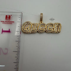 Gold Iced Out Queen Pendant, 14K Gold Plated CZ Diamond Baguette Letter Necklace, Hip Hop Statement Jewelry for Women