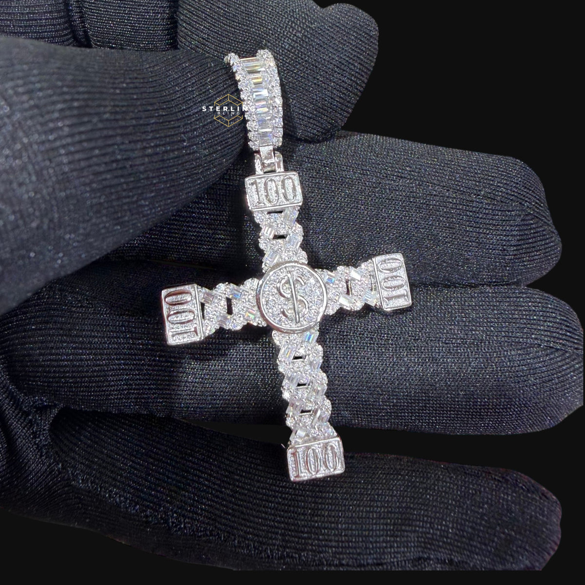 Moissanite Money Cross Pendant 925 Sterling Silver, Iced Out 100 Dollar Sign Cross Necklace,