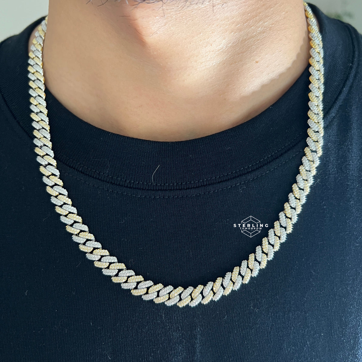 8mm Gold Two-Tone Moissanite Cuban Chain - 925 Sterling Silver