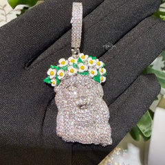14k White Gold Plated Jesus Daisy Crown Iced Pendant