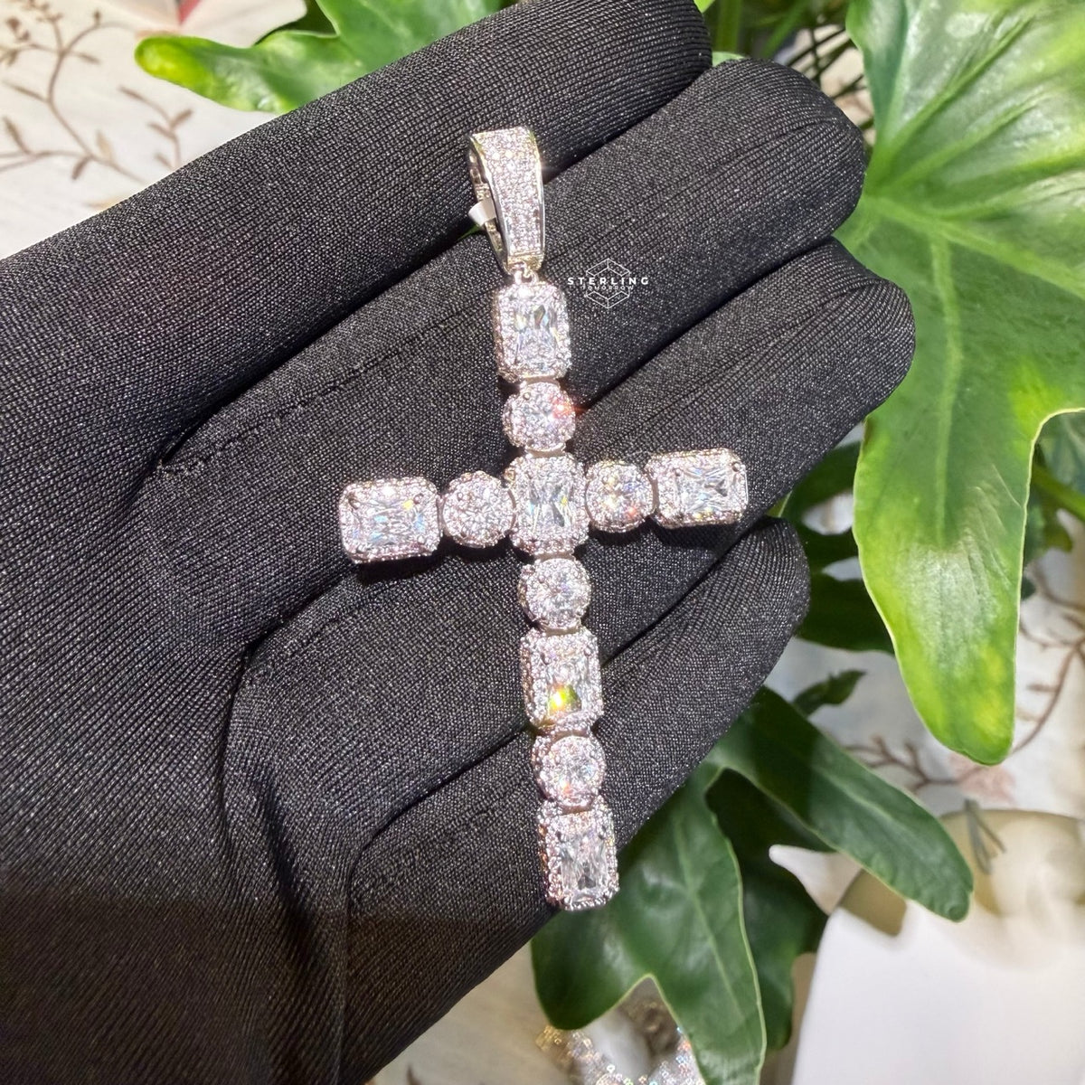 14k White Gold Plated Iced Sides Cross Pendant