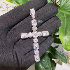 14k White Gold Plated Iced Sides Cross Pendant