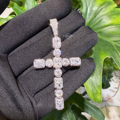 14k White Gold Plated Iced Sides Cross Pendant