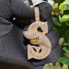 Iced Shark Pendant Necklace | 14K Gold Plated CZ Diamond Baguette Hip Hop Chain | S Initial Letter Jewelry Gift