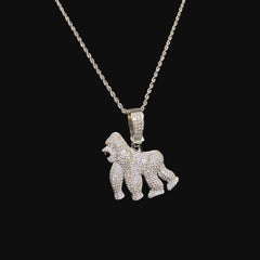 Moissanite Gorilla Ape Pendant, 925 Sterling Silver Iced Out Hip Hop Necklace, GRA Certified w 24" Chain