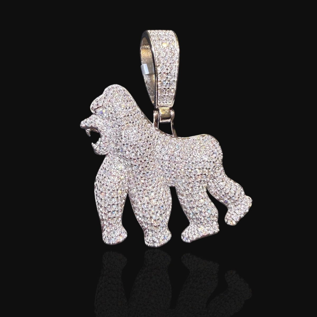 Moissanite Gorilla Ape Pendant, 925 Sterling Silver Iced Out Hip Hop Necklace, GRA Certified w 24" Chain