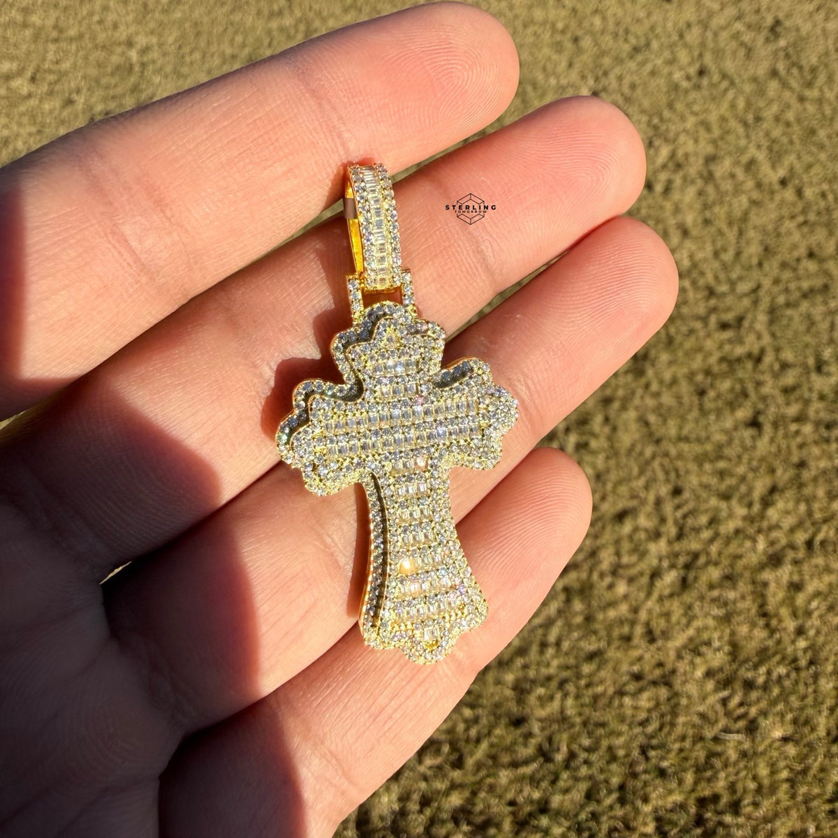 Moissanite Gothic Flared Cross 2" Pendant - Gold Tone