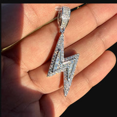 Moissanite Baguette Lightning Bolt Pendant, 925 Silver Iced Out Hip Hop Necklace, GRA Certified w 24" Chain