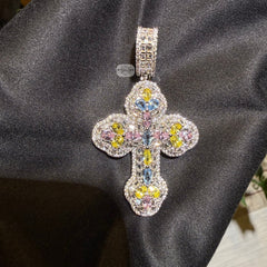 MultiColor Cross Pendant 14k White Gold Plated + Steel Rope Chain