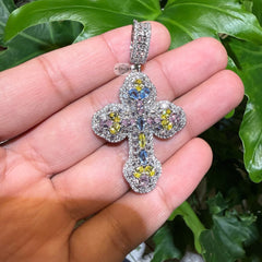 MultiColor Cross Pendant 14k White Gold Plated + Steel Rope Chain