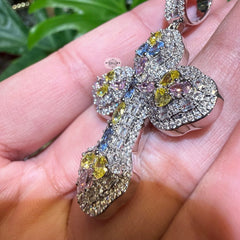 MultiColor Cross Pendant 14k White Gold Plated + Steel Rope Chain