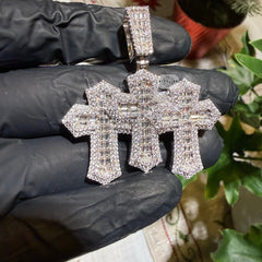 Triple Cross Baguette Iced Pendant 14K White Gold Finish