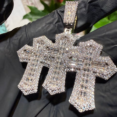 Triple Cross Baguette Iced Pendant 14K White Gold Finish