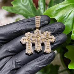 Triple Cross Baguette Iced Pendant 14K Gold Finish