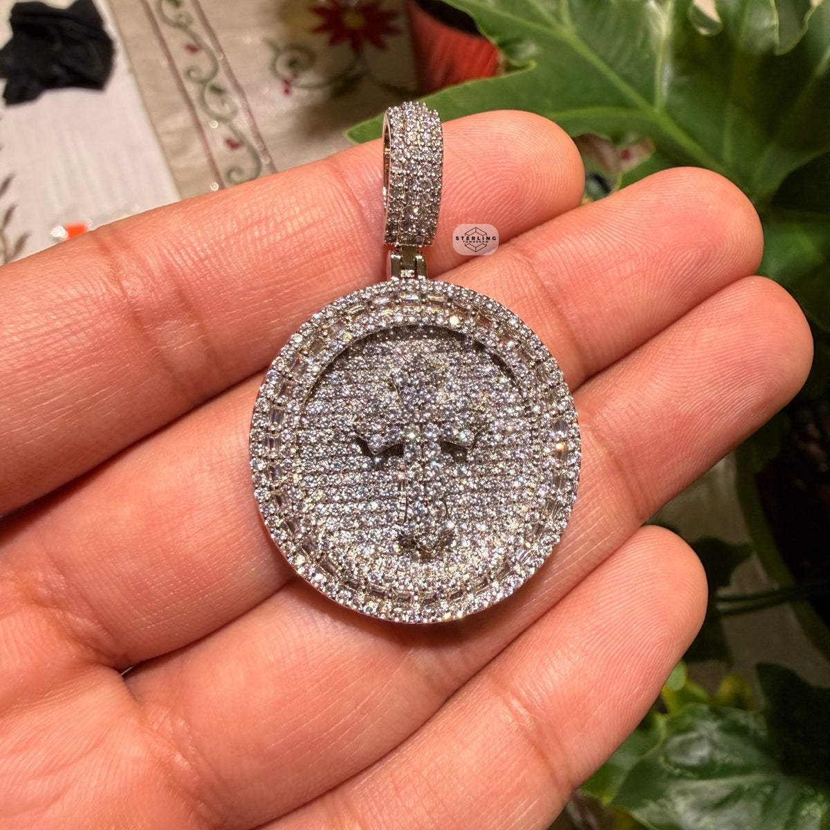 Iced Cross Medallion Silver Tone Pendant