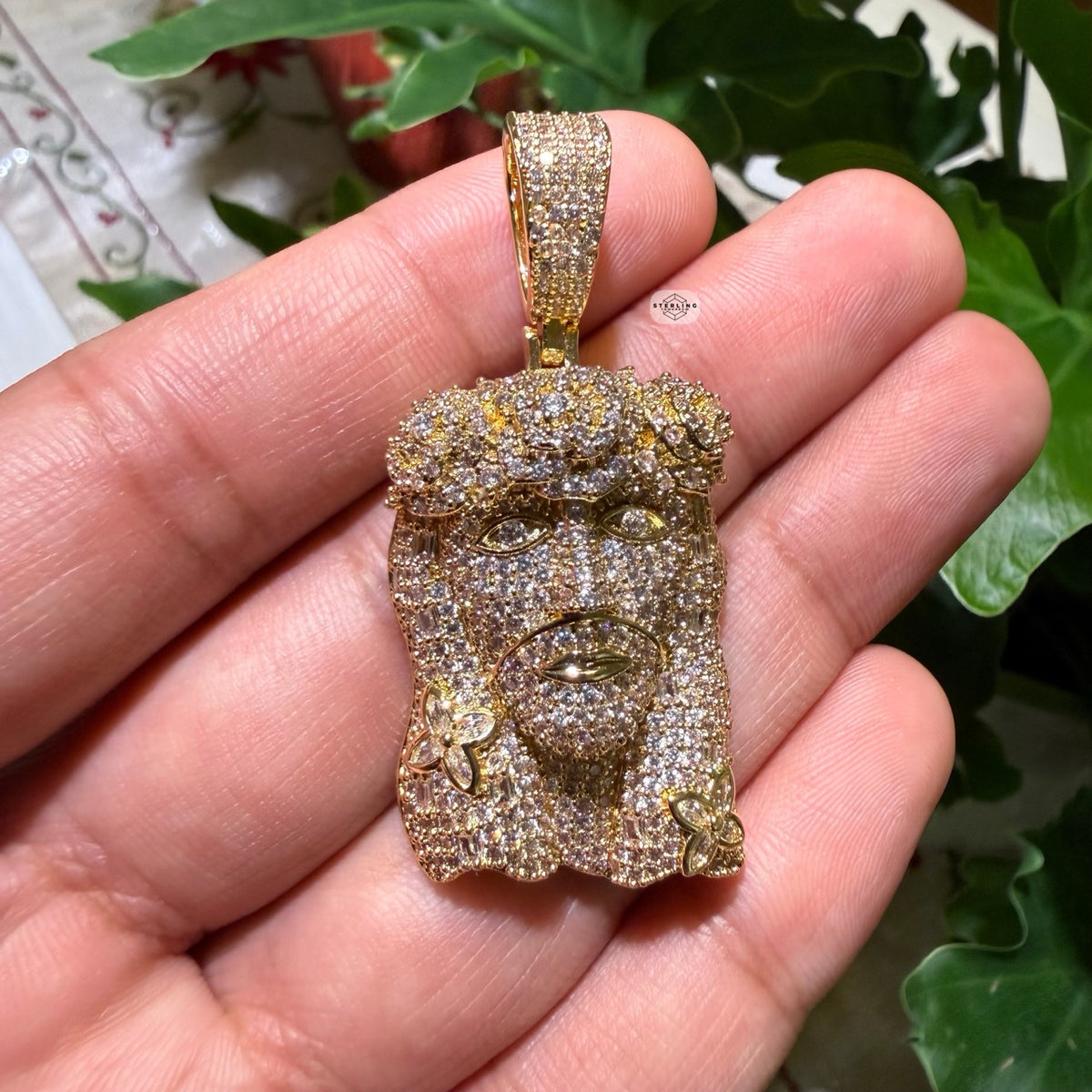 14K Gold Finish Jesus Flower Pendant + Steel Rope Chain