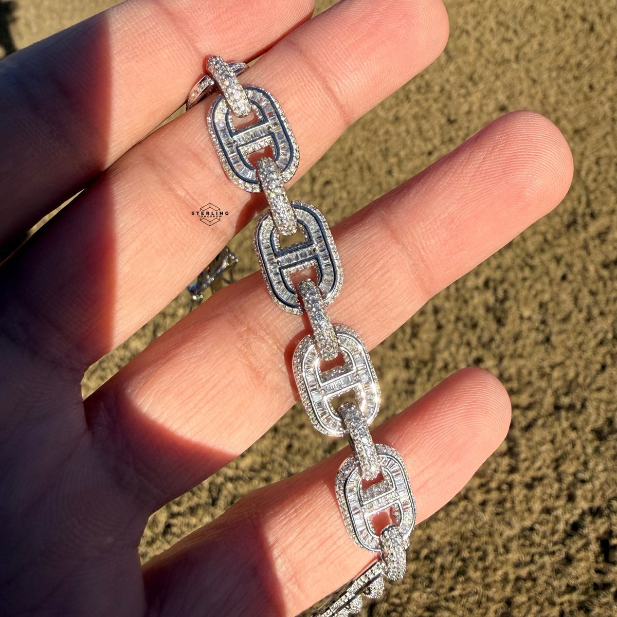 Baguette Oval Link Iced Bracelet 13mm 8" 925 Sterling Silver CZ