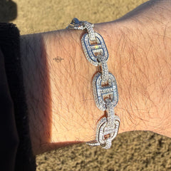 Baguette Oval Link Iced Bracelet 13mm 8" 925 Sterling Silver CZ