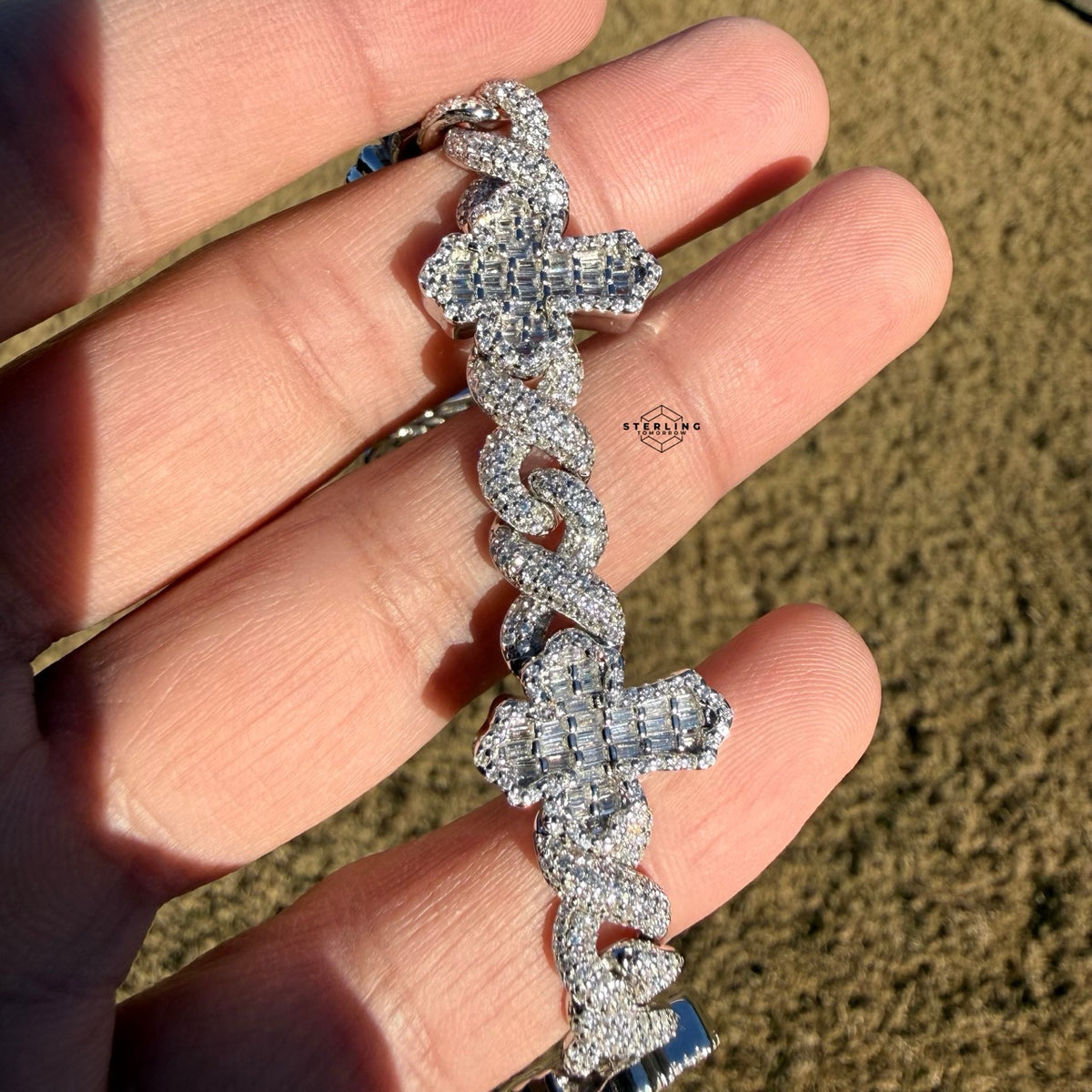 Baguette Cross Infinity 925 Sterling Silver Bracelet 18mm 8"