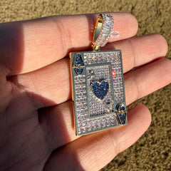 Ace of Hearts Card Pendant | 14K Gold Plated Blue Heart CZ Playing Card Necklace, Iced Out Hip Hop Pendant with Free Rope Chain