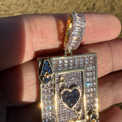 Ace of Hearts Card Pendant | 14K Gold Plated Blue Heart CZ Playing Card Necklace, Iced Out Hip Hop Pendant with Free Rope Chain