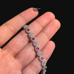 Pink Silver Heart Bracelet, 14K White Gold Plated CZ Tennis Bracelet, 7mm Iced Out Gift for Her