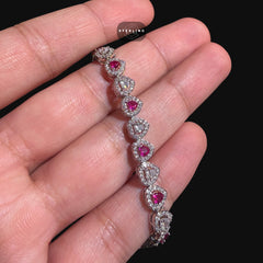 Pink Silver Heart Bracelet, 14K White Gold Plated CZ Tennis Bracelet, 7mm Iced Out Gift for Her